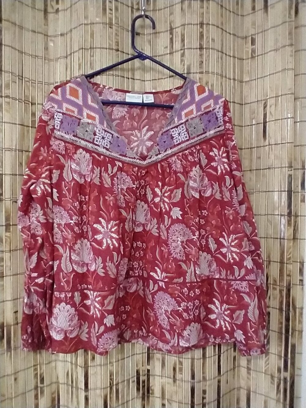 Rachel Zoe Red Floral Boho Long Sleeve Blouse Size Large